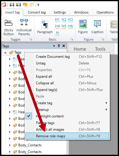 The context menu on the Tags root is open and the option to "Remove role maps" is highlighted.  