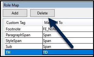 Screenshot of the Role Map panel in CL PDF.  Tag TH has been role mapped to TD.  That role mapping is selected and the Delete button is highlighted. 