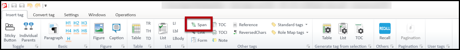 The button to create a Span tag in the Insert tag tab in the ribbon.  