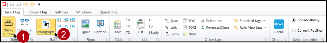The Insert Tag tab in the CommonLook PDF ribbon with Sticky Button and Paragraph highlighted.  
