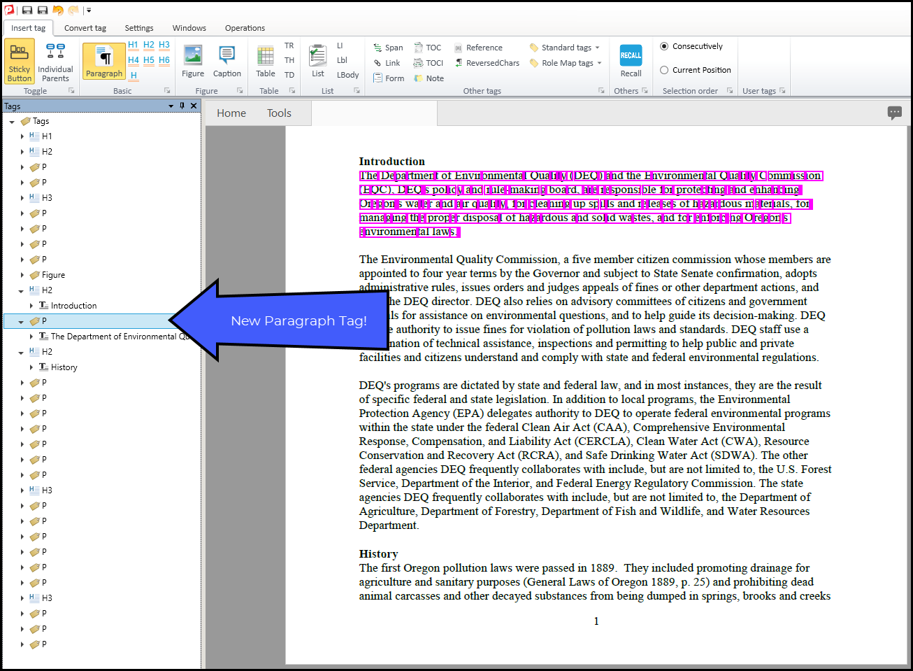 The first paragraph tagged in the Introduction section of the document.  The tag is highlighted in the Tags tree and the text is highlighted in the physical view.  