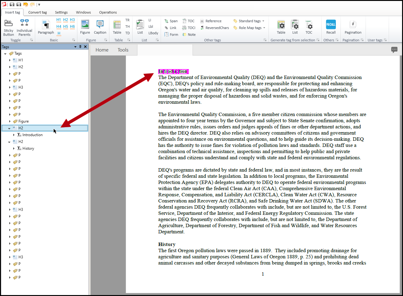 The heading tag for Introduction is highlighted in the tag tree and the text is also highlighted in the physical view of the document.  
