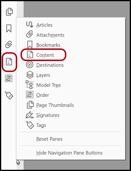 Screenshot showing Navigation pane on left side of Adobe Acrobat. Content icon is highlighted. 