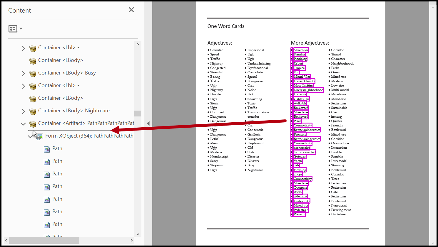 Screenshot showing location within Content panel that selected text should be dropped - directly before the Form XObject container.