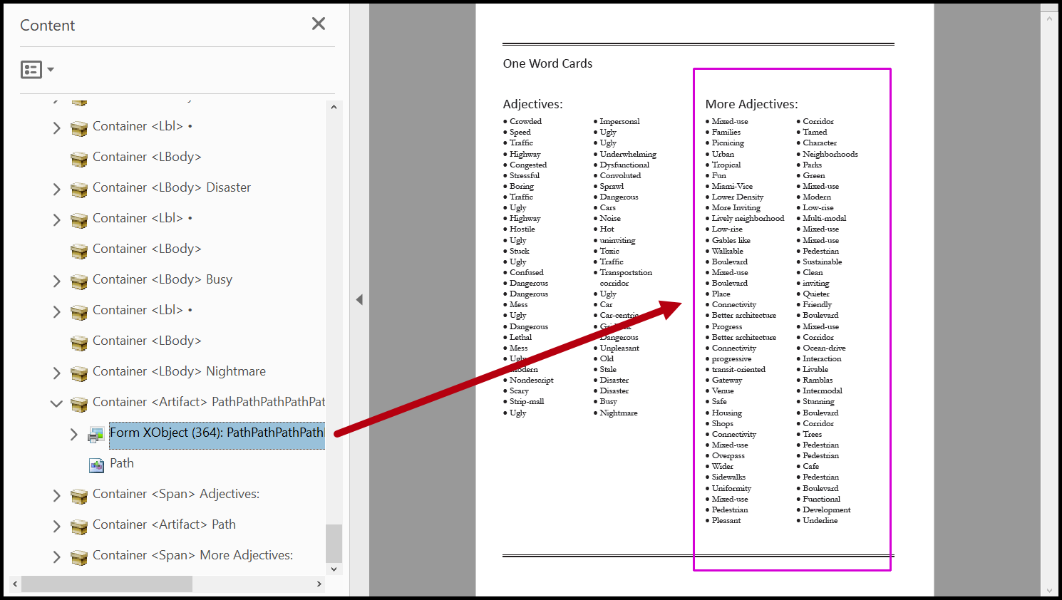 Screenshot showing Form XObject in Content panel and corresponding list in physical view.