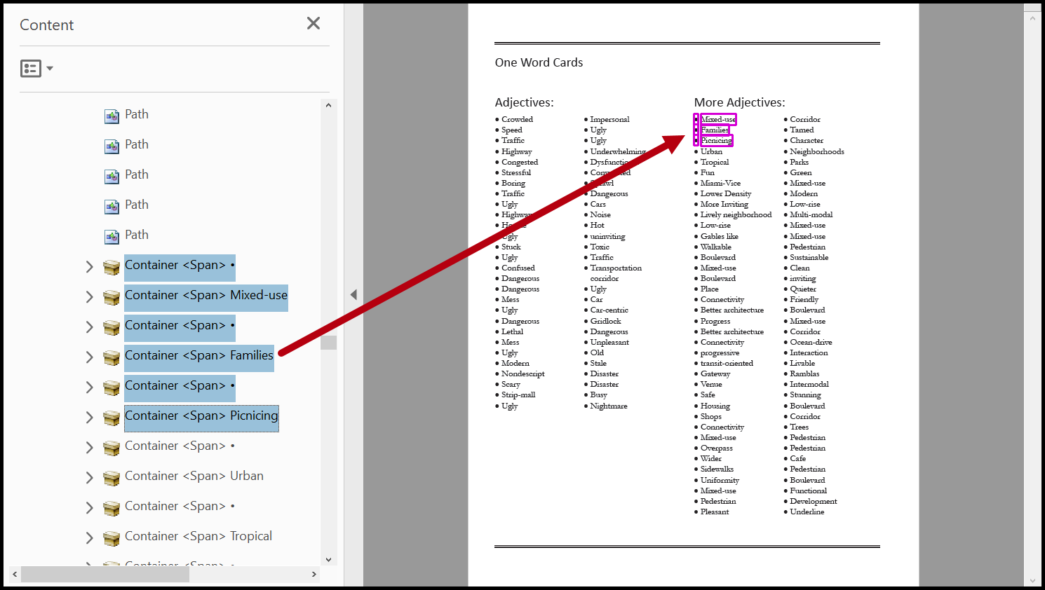 Screenshot showing text elements within Form XObject and corresponding content in physical view.