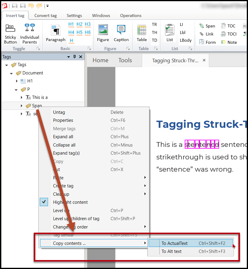 Screenshot showing a Span tag selected, the context menu, and the options for copying contents are highlighted. 