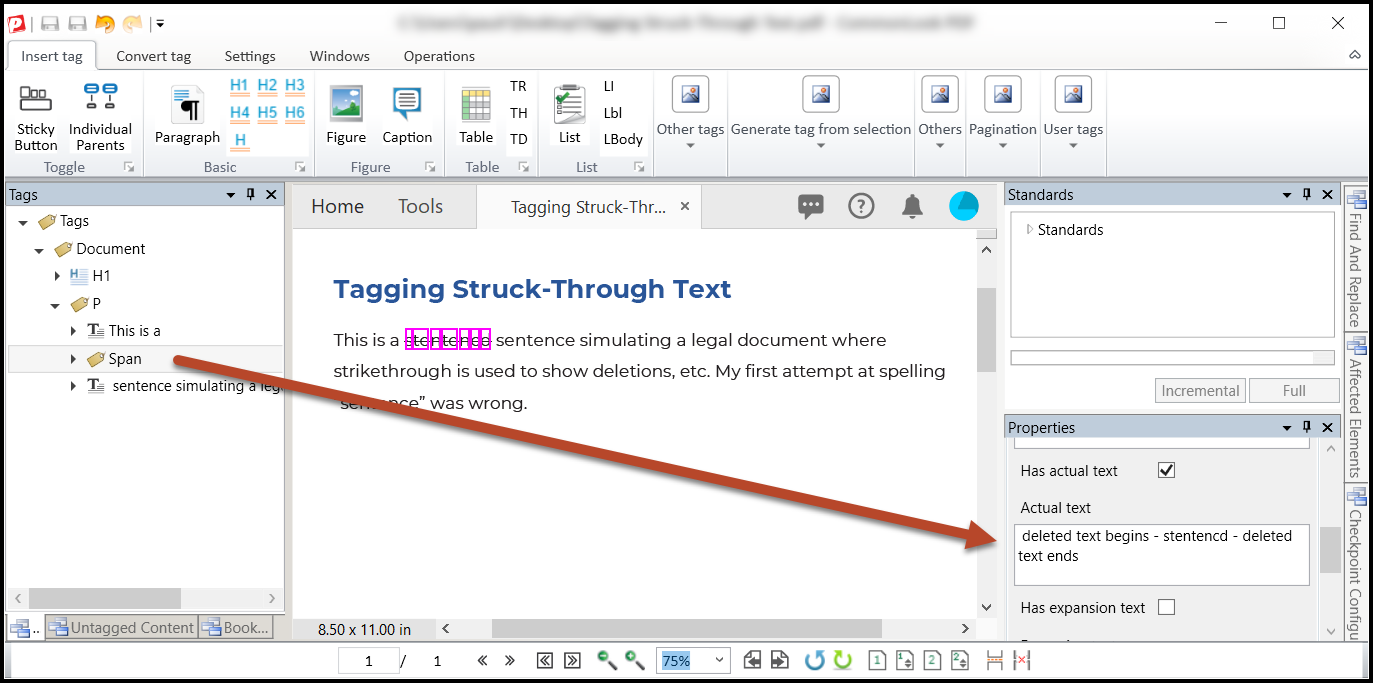 Text that's been struck through is tagged in a Span tag. The Actual text for the Span tag is highlighted. 