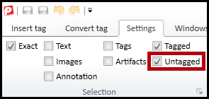 The Selection section of the Settings tab of the CommonLook PDF ribbon with exact, tagged, and untagged selected.