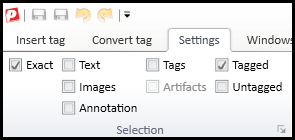 The Selection section of the Settings tab of the CommonLook PDF ribbon with "exact" and "tagged" selected.