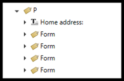 Tags tree showing four Form tags inside of a single Paragraph tag, accompanied by a text element that reads "Home Address."