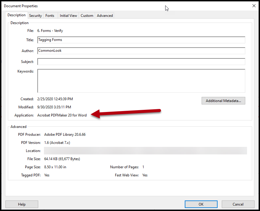 Screenshot of the Document Properties of a PDF.  The application used to create the PDF (M.S. Word) is highlighted. 