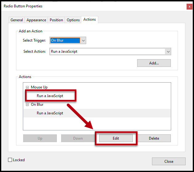 The Edit button to change the JavaScript is highlighted in the Radio Button Properties window.  