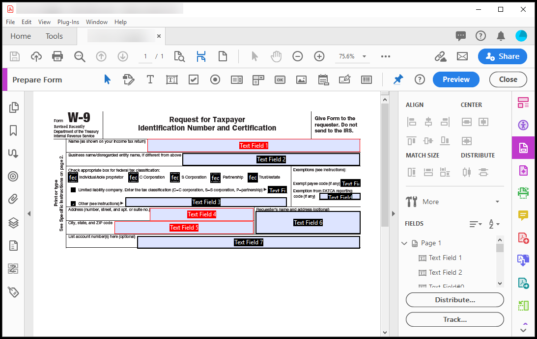Screenshot of the Prepare Form screen in Acrobat. 