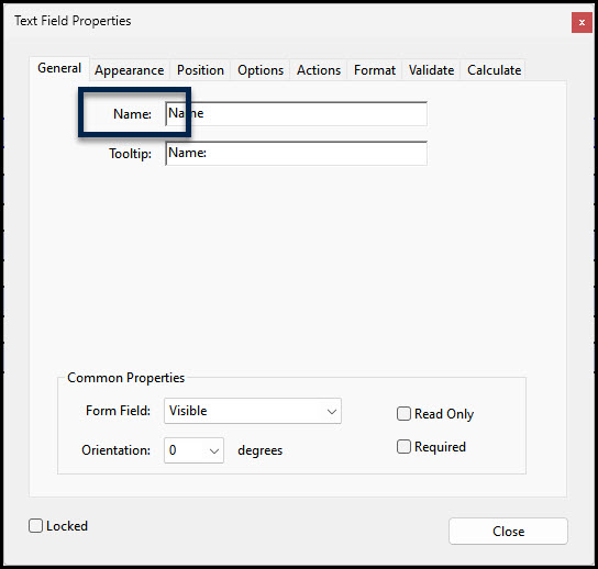 Screenshot of the Text Field Properties dialog box in Adobe Acrobat with the Name field highlighted.