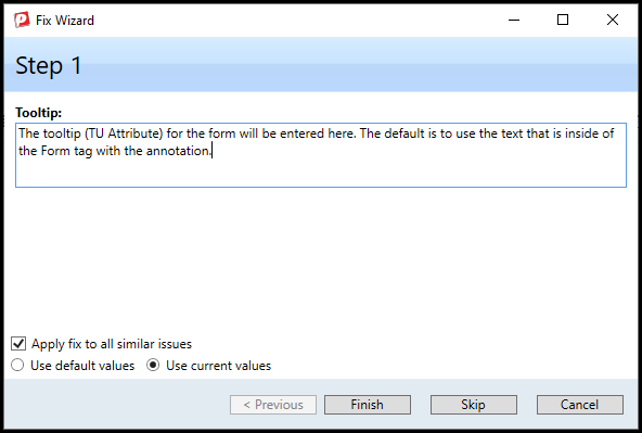 The fix wizard window for fixing tooltip failures.