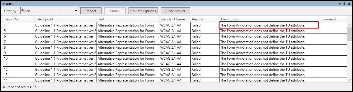 The verification results panel displaying the error for a form annotation not defining the TU attribute.