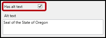 The Alt text box in the Properties panel and the "Has alt text" checkbox checked.  