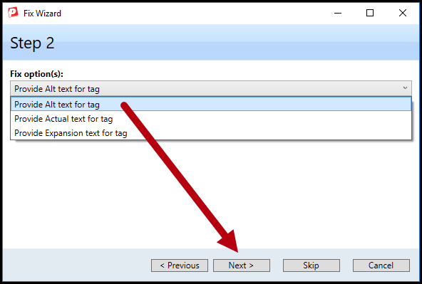 The fix wizard on Step 2 for fixing Figure Tags without Alt text.  The options as described in this list item are shown.  