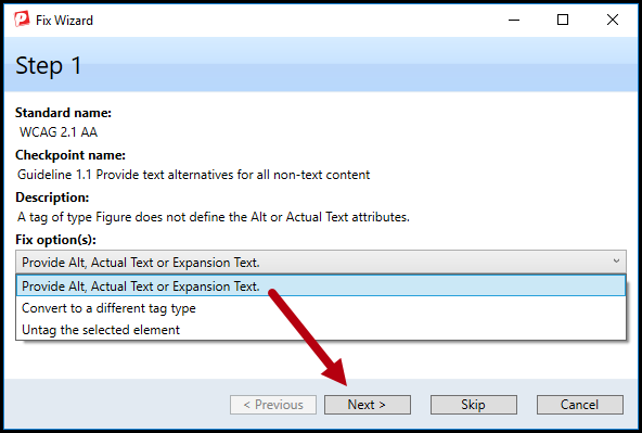 The fix wizard on Step 1 for fixing Figure Tags without Alt text.  The options as described in this list item are shown and the Next button is highlighted.  