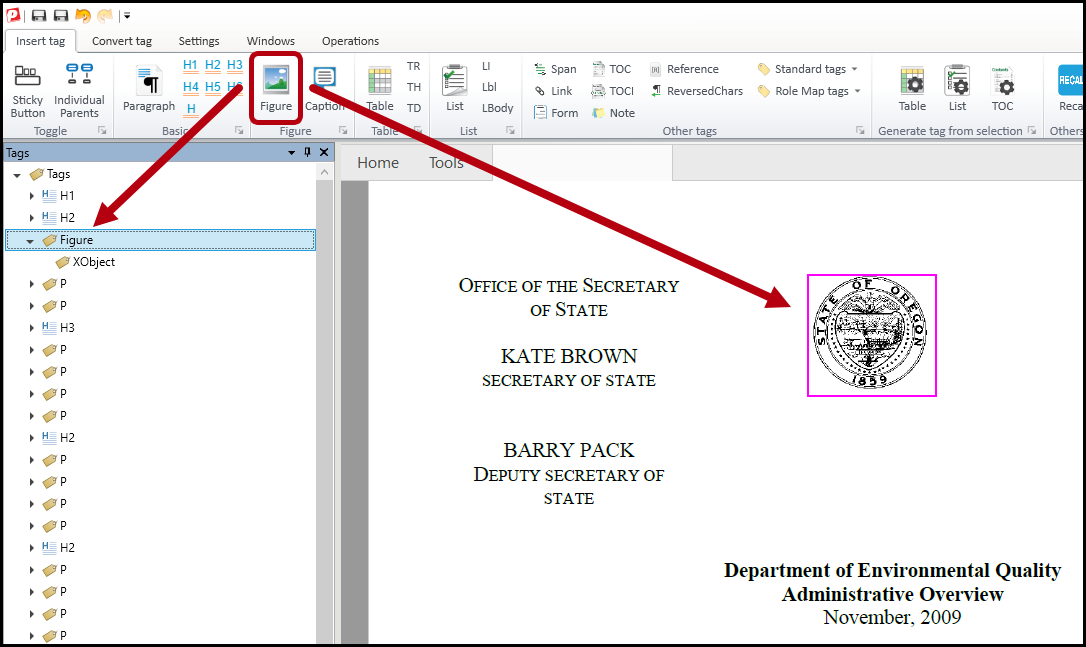 The image in the physical view is selected, the button to create a Figure tag is highlighted in the Insert tag tab, and the Figure tag is shown in the Tags tree.  