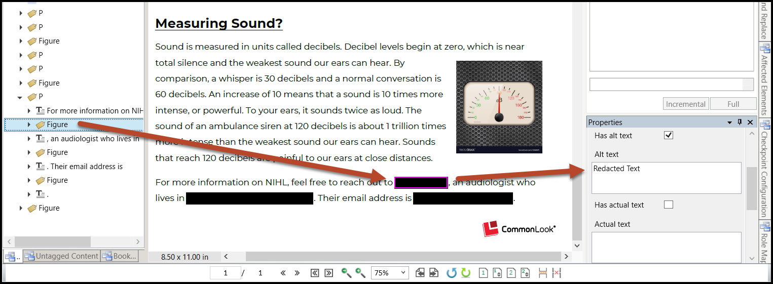 Screenshot showing the black rectangle for redacted text in a Figure tag.  The Alt text for the Figure tag, "Redacted text" is highlighted. 