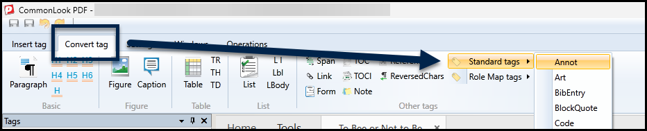 The Convert tag tab is highlighted, as is the Standard tags dropdown menu.  That menu is open and Annot is the first tag option in the dropdown.