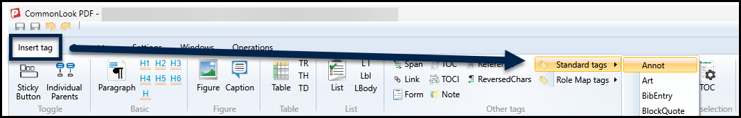 The Insert tag tab is highlighted, as is the Standard tags dropdown menu.  That menu is open and Annot is the first tag option in the dropdown.