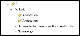 A Link tag open to show two annotations and two text elements inside the Link tag, in that order. 