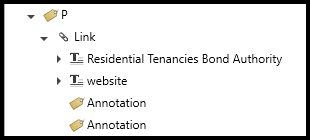 A Link tag open to show two text elements and two annotations inside the Link tag, in that order. 
