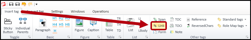 The Link button on the Insert tag tab in the ribbon.  