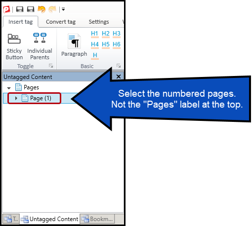 The Pages menu in the Untagged Content panel is open showing the individually numbered pages inside it.  