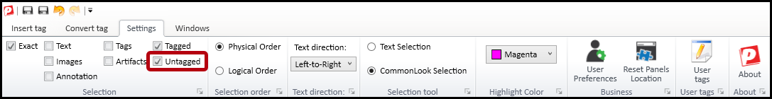 The Settings tab on the ribbon is displayed and the checkbox is checked to be able to select Untagged content.  
