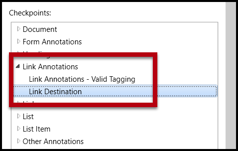 In the Checkpoints section, Link Annotations is expanded and Link Destination is highlighted and selected. 