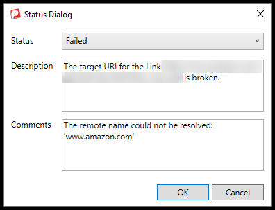 Screenshot showing a Target URI failure for a link with an inaccessible destination.