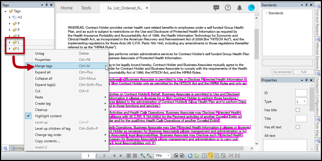 The two List tags are selected, the context menu is open, and the option to Merge tags is highlighted.  