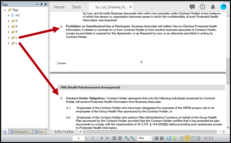 Screenshot showing two List tags in the Tags tree but, in the physical view, there is only one list going across the page break.  At the end of the first page, the list item number 2 can be seen and then the list continues on the next page with number 3. 