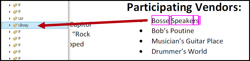 The text for the first list item is highlighted in the physical view and the LBody tag is shown in the Tags tree.  