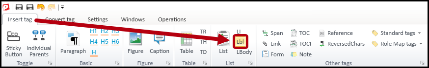 The Insert tag tab with the button highlighted to create a lable tag.  