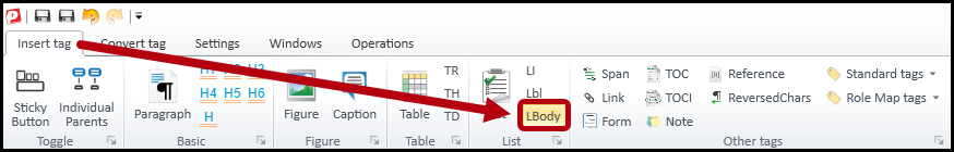 The Insert tag tab with the button to create an LBody tag highlighted.  