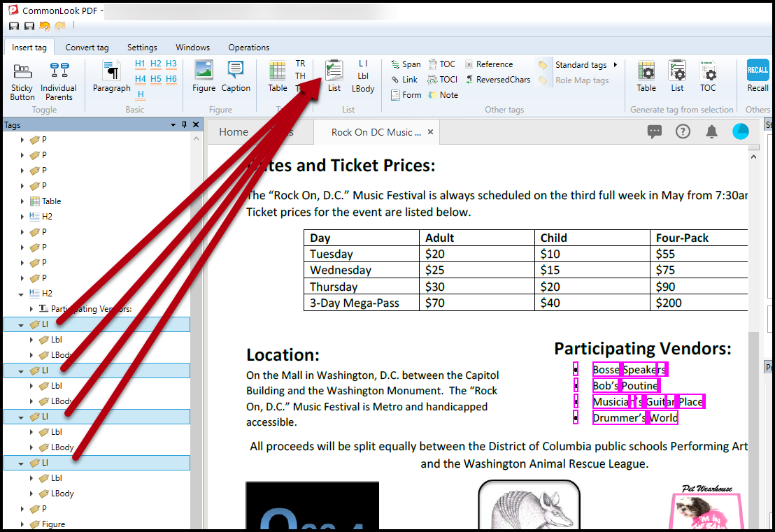 The four properly assembled List Item tags. The List button is also highlighted in the Insert tag tab's ribbon. 