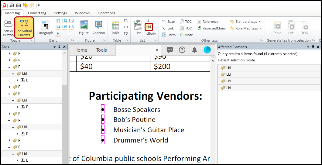 The Individual Parents button and the Label button are highlighted in the Insert tag tab.  Label tags can be seen in the Tags tree and the Affected Elements panel is open, listing the Label tags as well.  