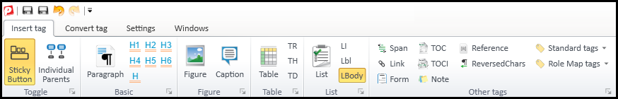 The Insert tag tab with the Sticky Button and LBody buttons highlighted.  
