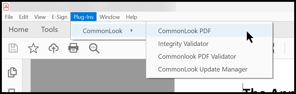 The Plug-ins menu in Adobe Acrobat expanded to show the option for CommonLook and CommonLook PDF.