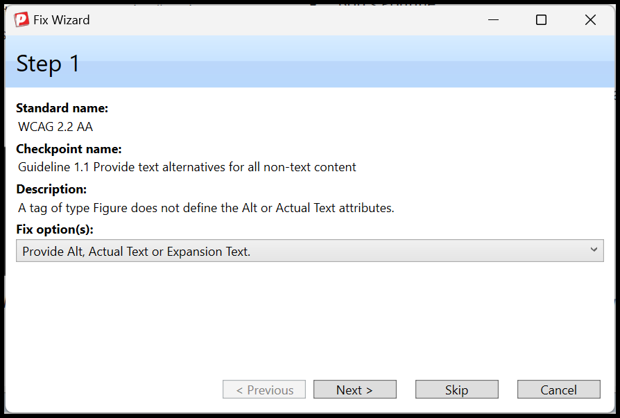 Screenshot showing Step One in the Fix Wizard to correct the issue of a Figure tag not having Alternative text.