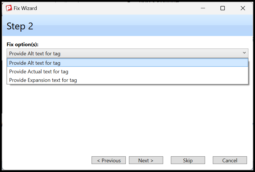 Step Two in the Fix Wizard for applying Alt text to Figures. The drop-down menu is open showing options to provide Alt, Actual, or Expansion text.