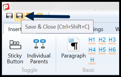 Screenshot with the Save and Close icon highlighted.