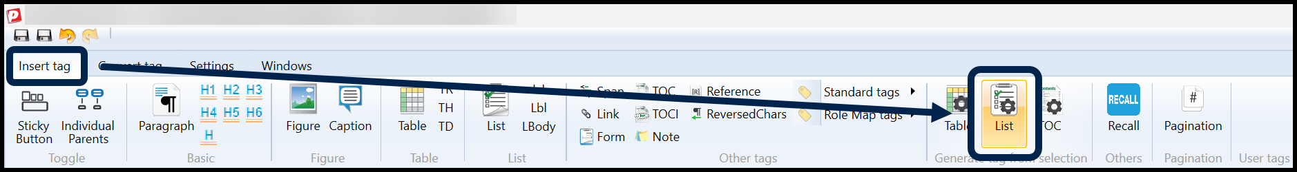Screenshot of the ribbon on the Insert tag tab. The button the Generate a List from the Selection is highlighted.