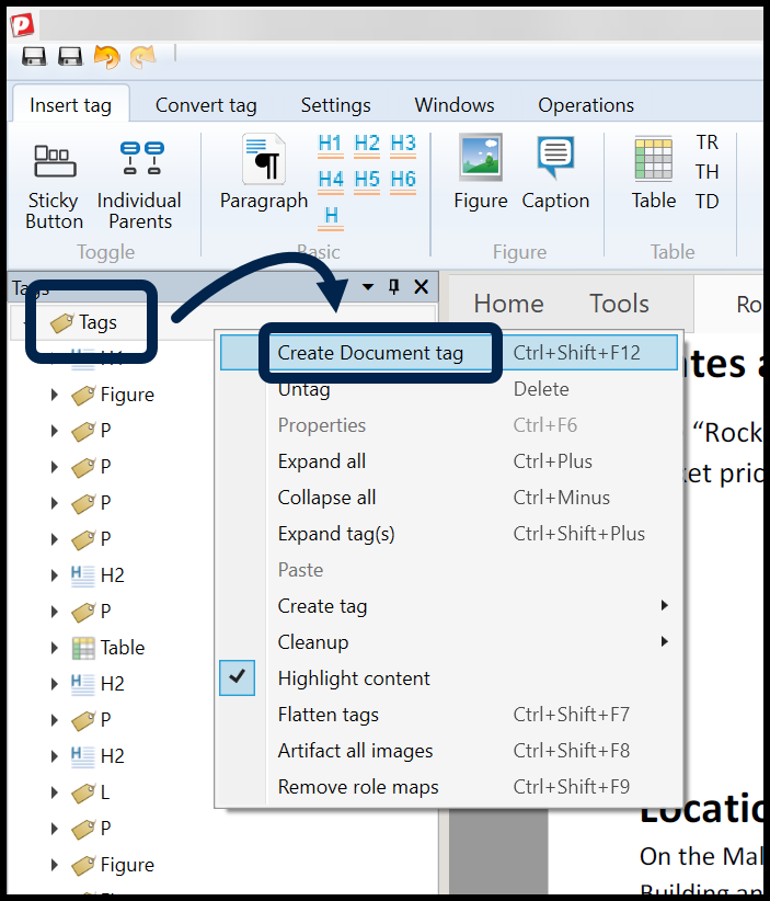 Screenshot showing the Tags root selected, its context menu open, and the option to Create Document tag is highlighted.