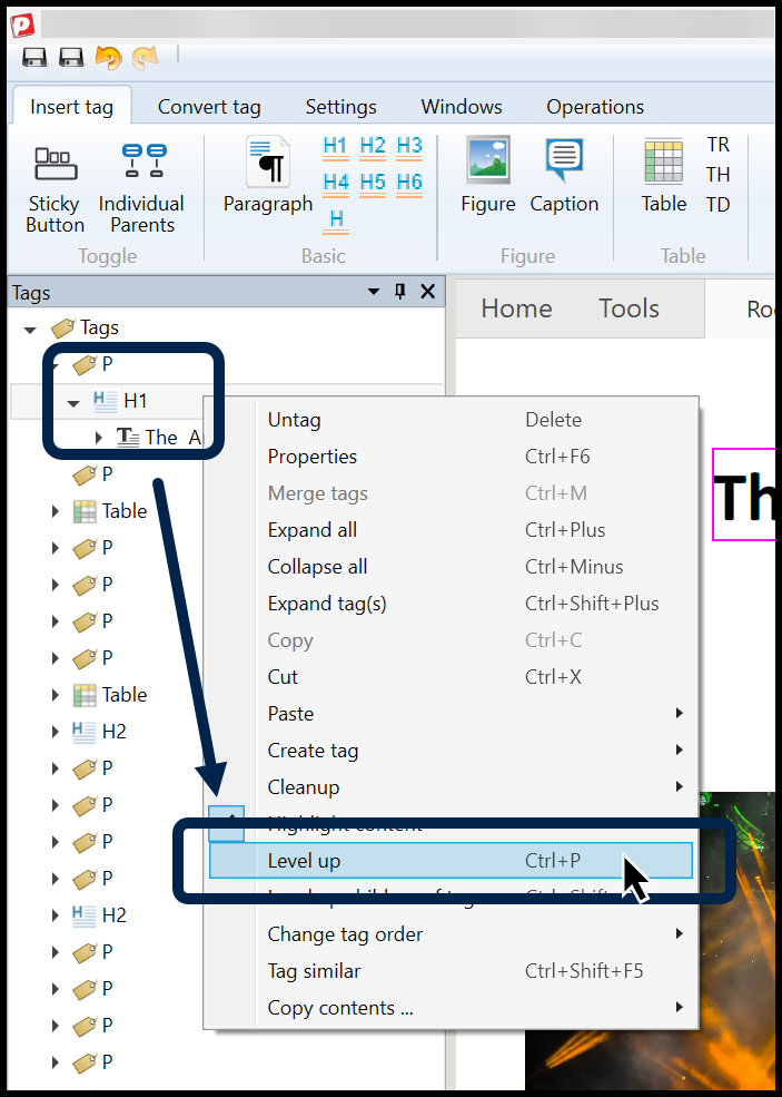 Screenshot showing the new H1 tag nested in a Paragraph tag. The context menu is open and Level Up is highlighted.